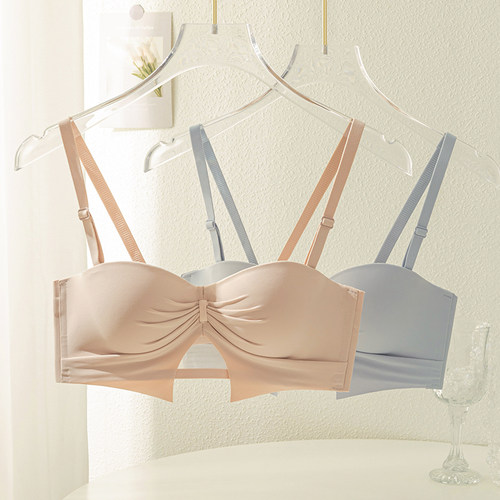 新品中厚半杯无肩带小胸聚拢显大无痕内衣女平胸无钢圈不空杯文胸