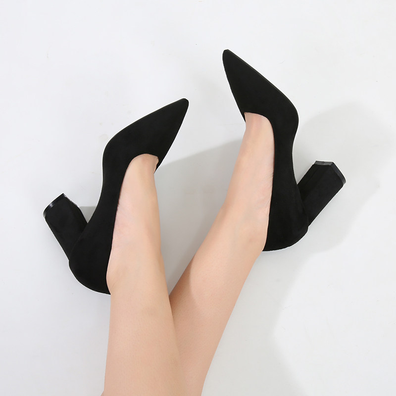 黑色尖头粗跟g高跟鞋女士职业工作鞋面试正装单鞋法式上班不累脚