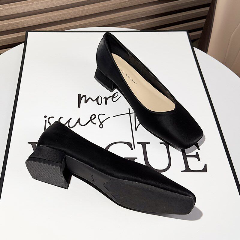 软皮浅口方头通勤黑色粗跟工作单鞋女2025年新款职业低跟高跟鞋