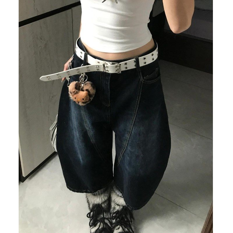 美式大码设计字母刺绣弯刀牛仔七分裤女夏季2025新款宽松直筒中裤,女装/女士精品,大码裤装,淘宝优惠券,粉丝福利购,淘宝优惠卷