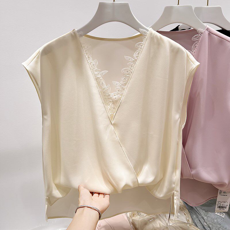 2025新款韩国气质宽松纯色V领刺E绣钩花拼接无袖雪纺衬衫女夏季