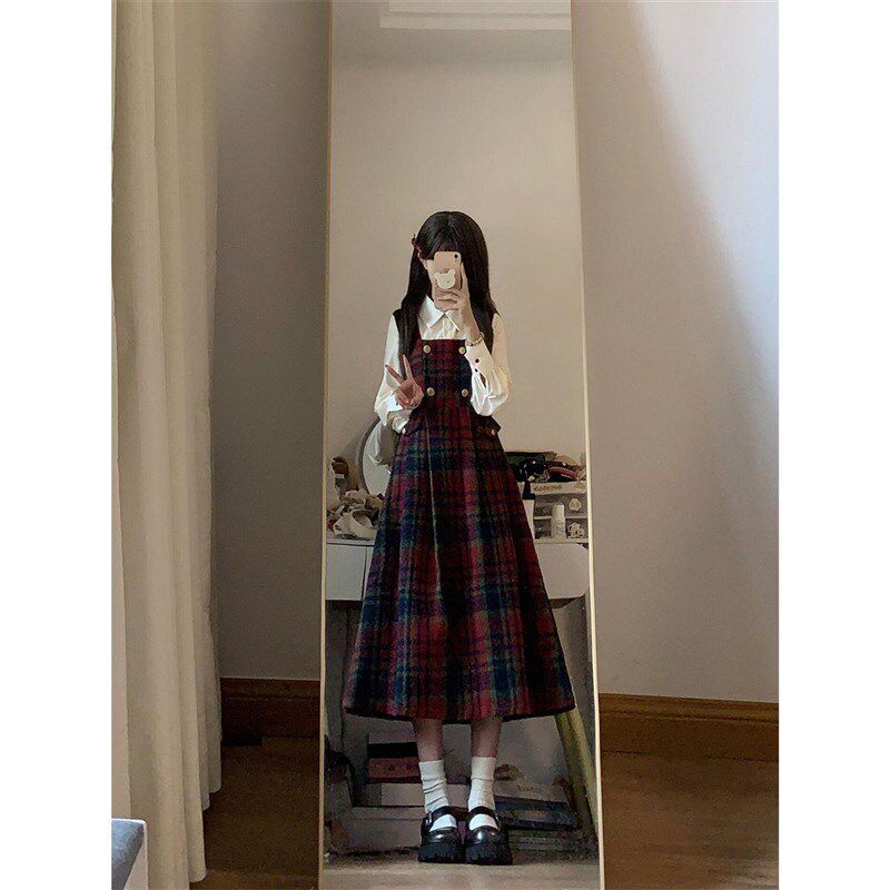 秋冬新款学院风新年战袍假两件套百搭法式学生小清新红格纹套装裙