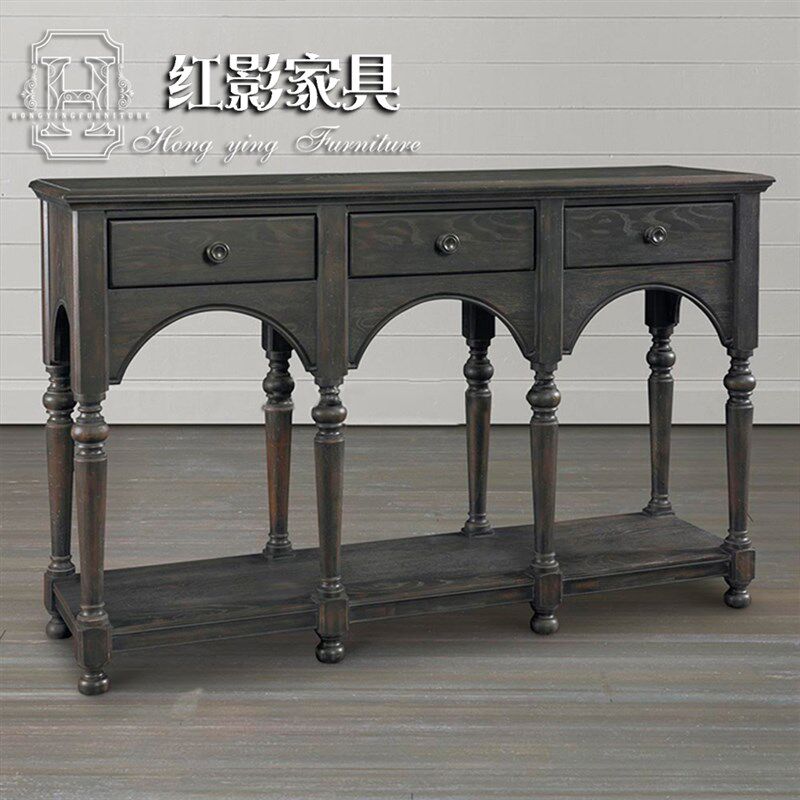 美式实木黑色玄关桌 法式简约门厅餐边桌玄M关柜餐边柜子沙发背几