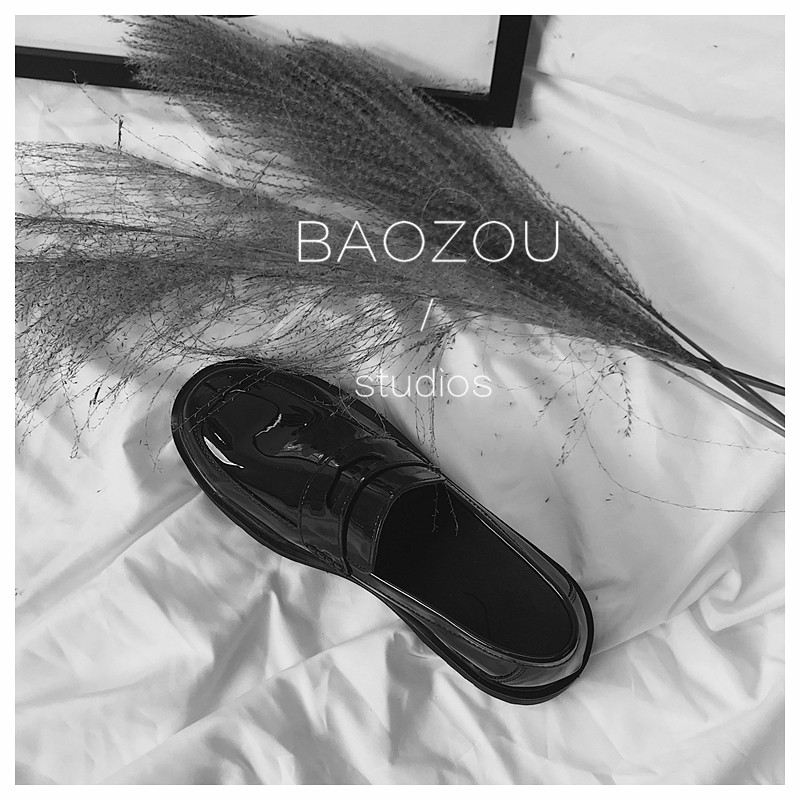 抱走推土机潮流韩版百搭漆皮亮面男女四季黑色简约套脚休闲皮鞋