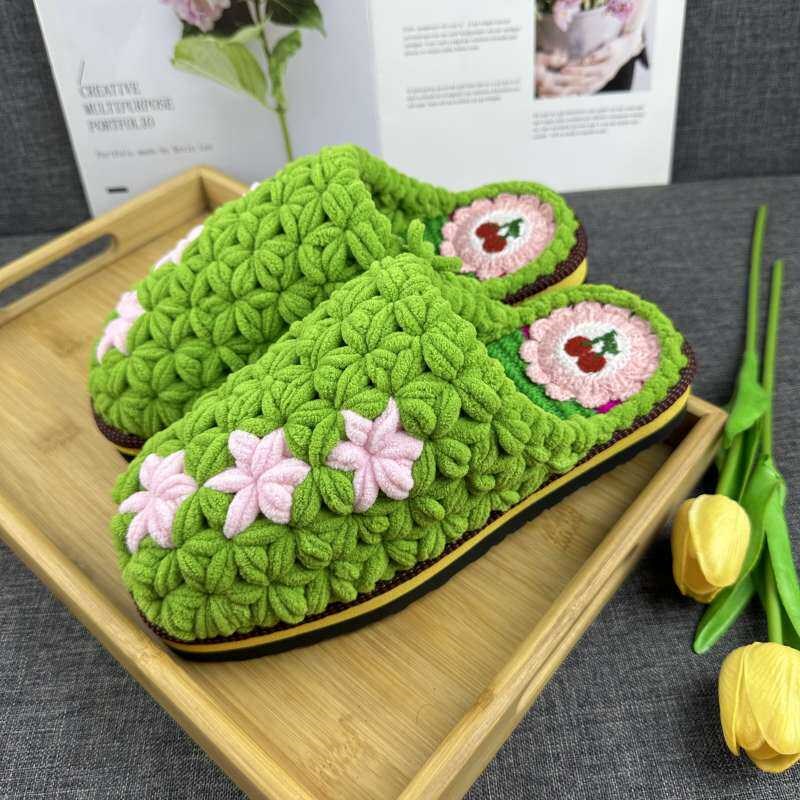 成品棉拖鞋家用拖鞋冰条线拖鞋结婚拖鞋手工编织毛线拖鞋秋冬成品