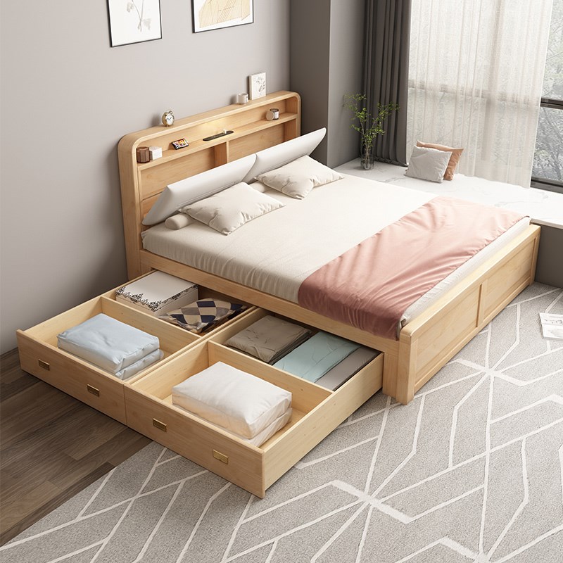 白色全实木床1.5米箱体储物抽拉床儿童1.35拖床抽屉床2米主卧大床