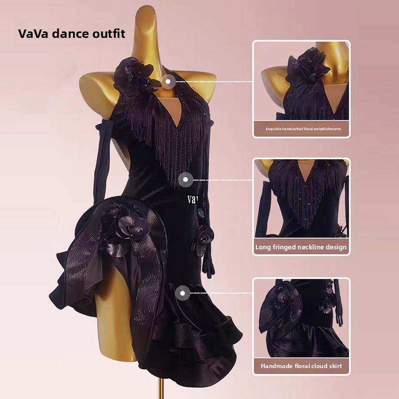 高级定制新款拉丁舞比赛花服14岁以上艺考舞蹈裙成人黑池表演舞裙