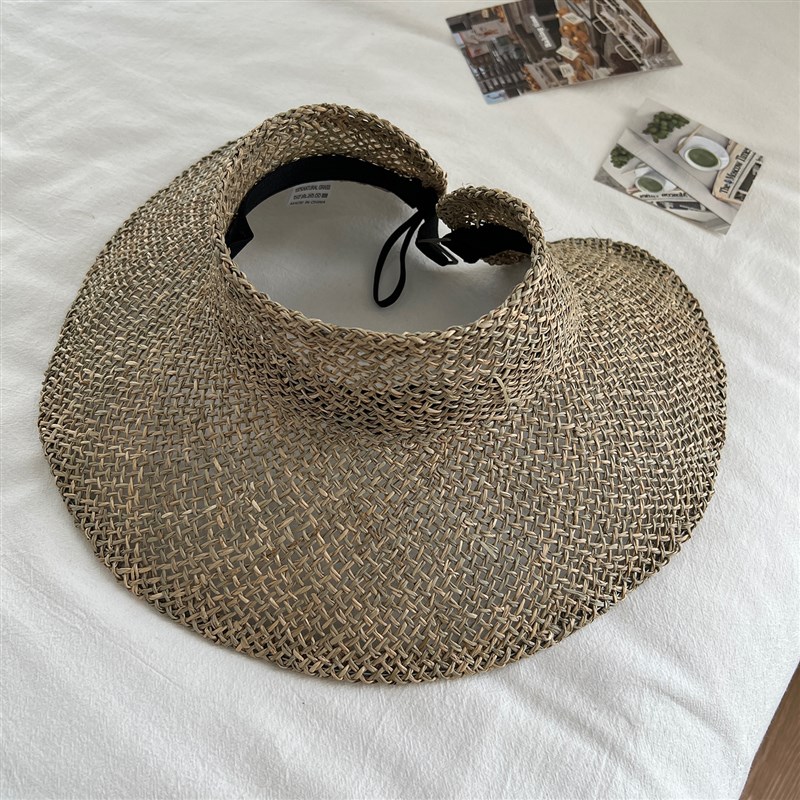 天然咸海草编织空顶帽女夏季可折叠大檐沙滩帽高级感老钱风草编帽