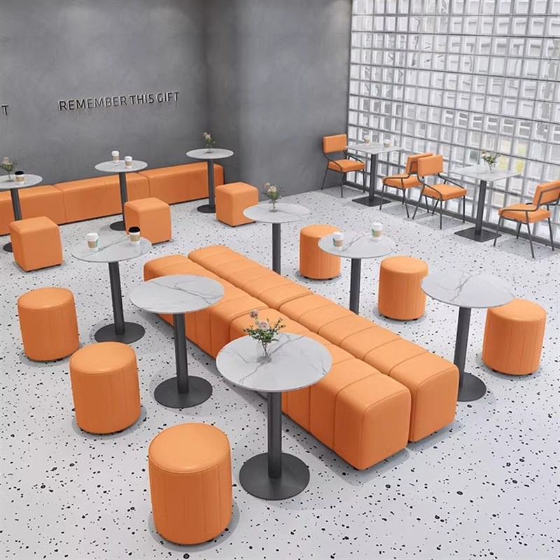 网红工业风奶茶店靠墙卡座软包休息区长条凳甜品店咖啡厅沙发桌椅