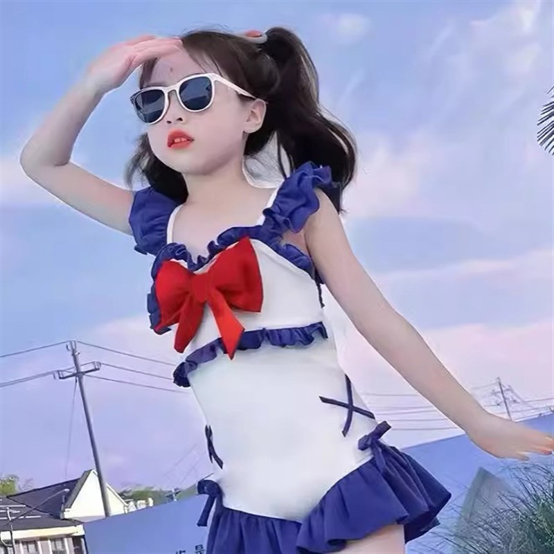 洋气泳衣儿童连体三角游泳衣女孩夏装新款宝宝小童公主风温泉泳装