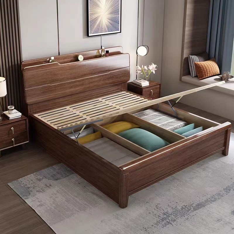 胡桃木实木床现代简约2x2.2米大床1.8米双人床1.5m主卧高箱实木床