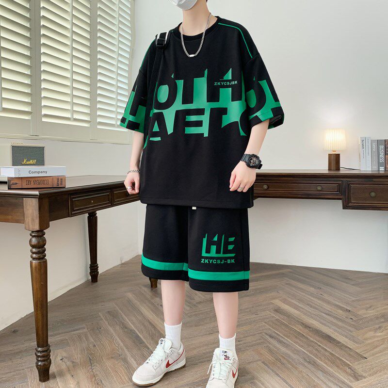 青少年夏季新款男士夏季宽松潮流帅气韩版男生印花运动休闲套装