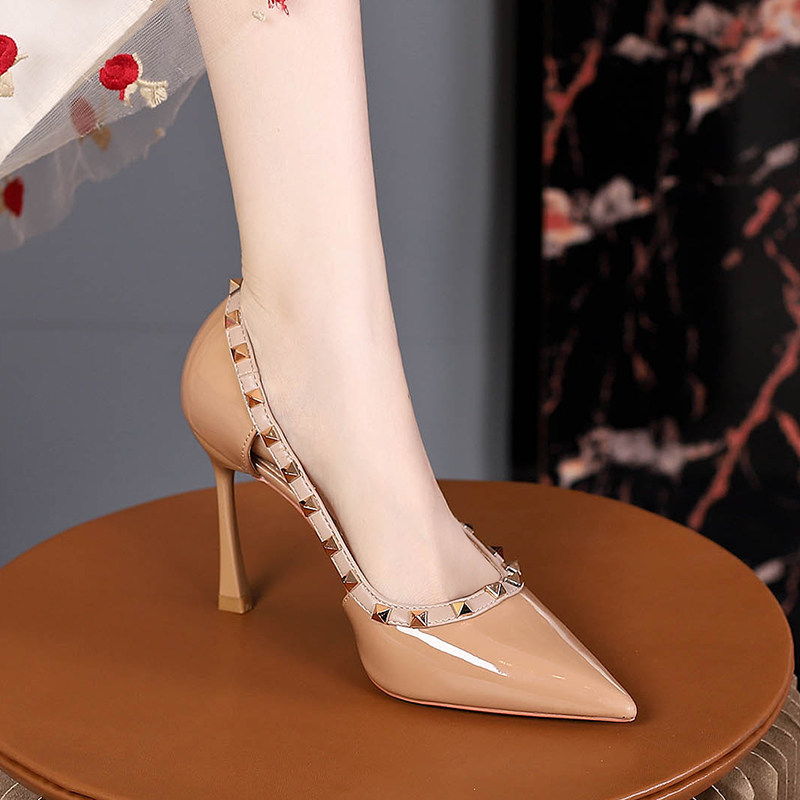 网红尖头气质高跟鞋铆钉细跟镂空单鞋包头H凉鞋女夏裸色10cm8时尚