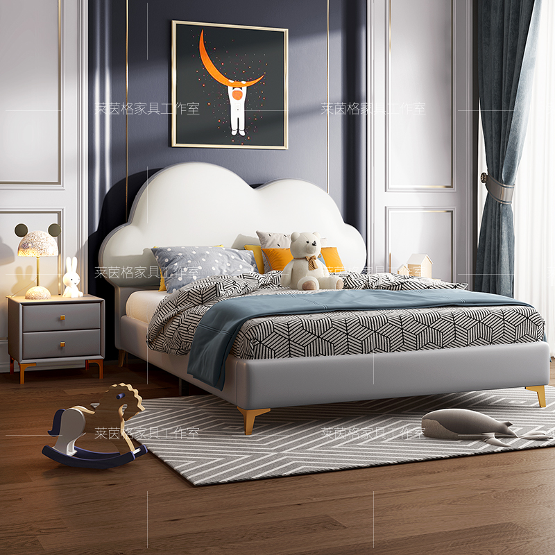 实木儿童床男孩轻奢青少年单人床1.5米现代简约女孩公主房云朵床