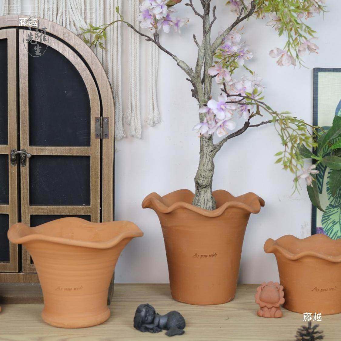 红盆陶花盆陶土小清KJT新垂花器韩式盆浮吊雕花透气高温加厚多肉