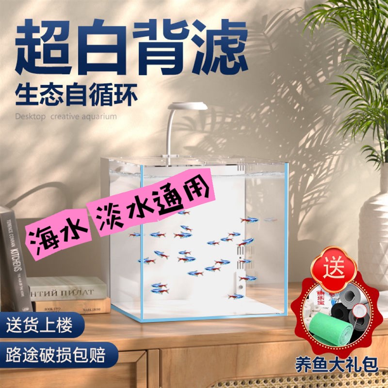 背滤小海缸鱼缸小型客厅家用桌面超白玻璃免换水造景生态鱼缸海水
