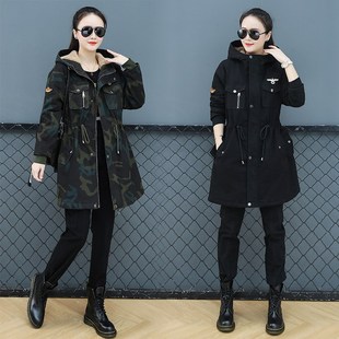 多功能军绿黑色工作服棉袄韩版 2025年冬季 加绒迷彩棉大衣女中长款
