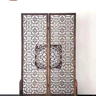 东阳木雕仿古门窗做旧插屏实木镂空榫卯花格屏风隔断玄关中式装修