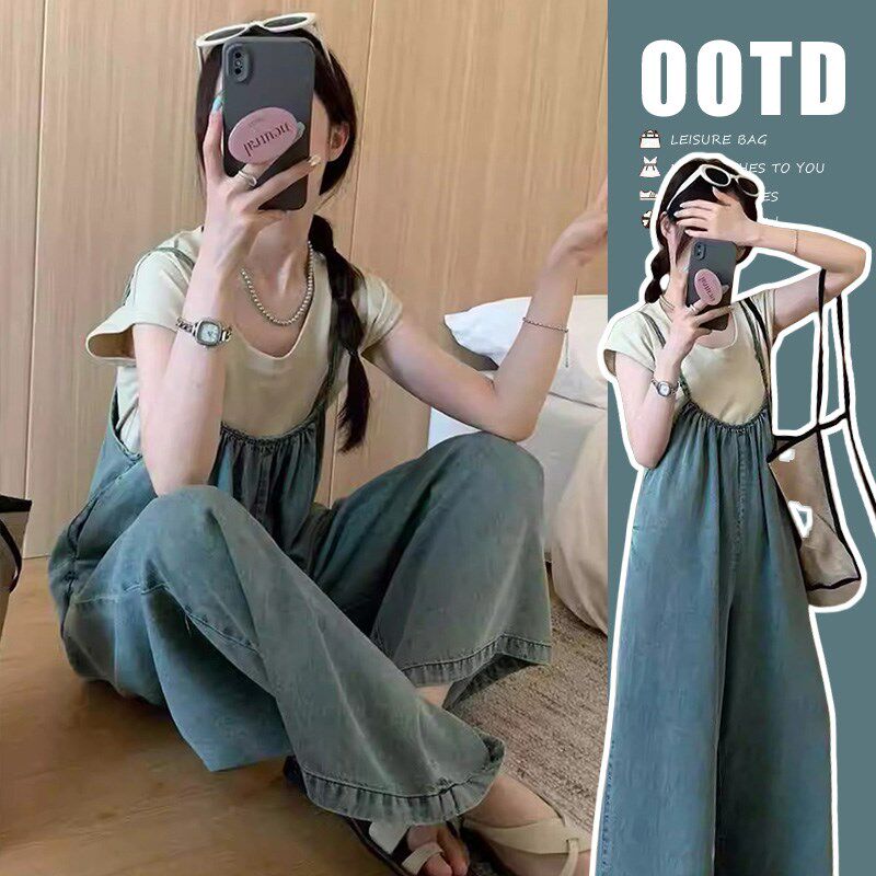 孕妇抱婴袋裤夏季2025新款两件套慵懒风孕期高级感牛仔宽裤套装潮