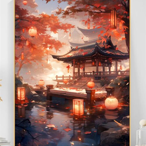 抽象古风手绘油彩画油画红叶南亭填充手工填色饰画风景