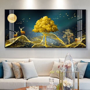 饰画现代沙发背景墙挂画横大气金色帆船壁画 一帆风顺客厅装