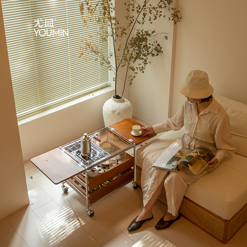 尤皿/烟火茶几/实木客厅小桌子复古色露营茶桌围炉煮茶茶水柜