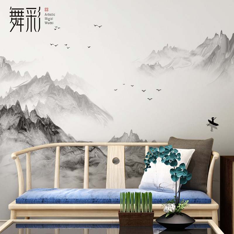 舞彩壁布客厅背景墙山水画接待大堂电视背景墙纺布墙壁画