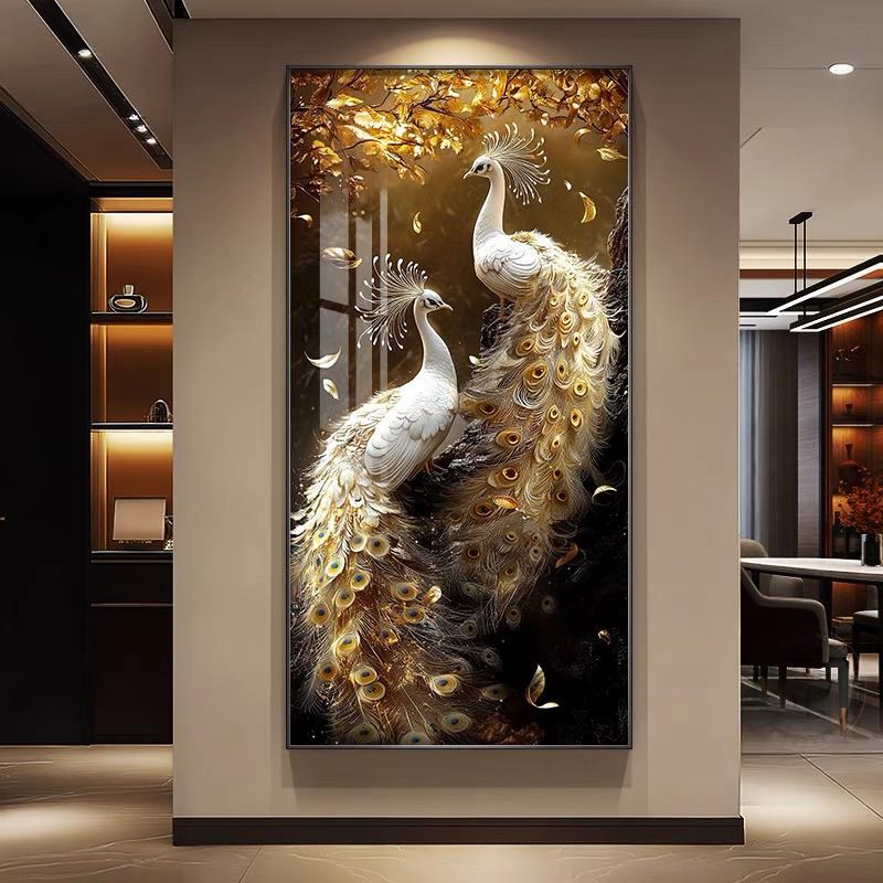 高级感浮雕立体肌理画孔雀挂画入户进门玄关装饰画走廊过道墙壁画图片