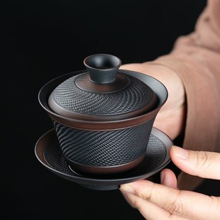 紫陶可悬停手工三才盖碗茶杯功夫茶具陶瓷家用泡茶碗单个敬茶碗