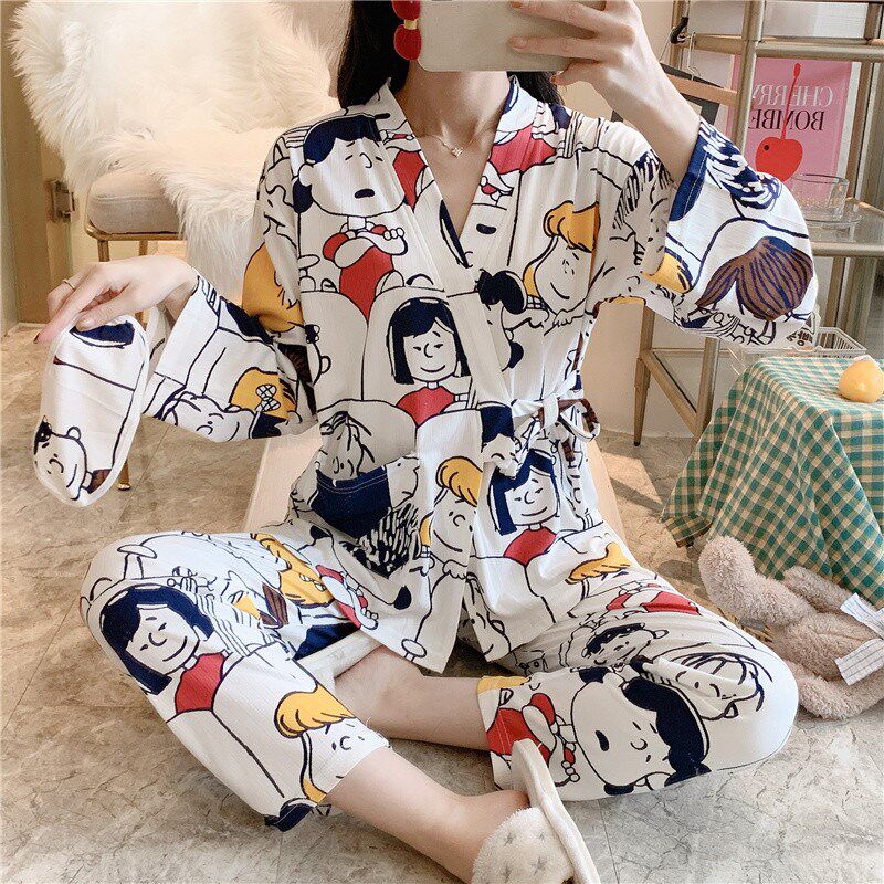 睡衣女春秋季系绳两件套装V领开衫女棕色熊和服宽松送眼罩家居服