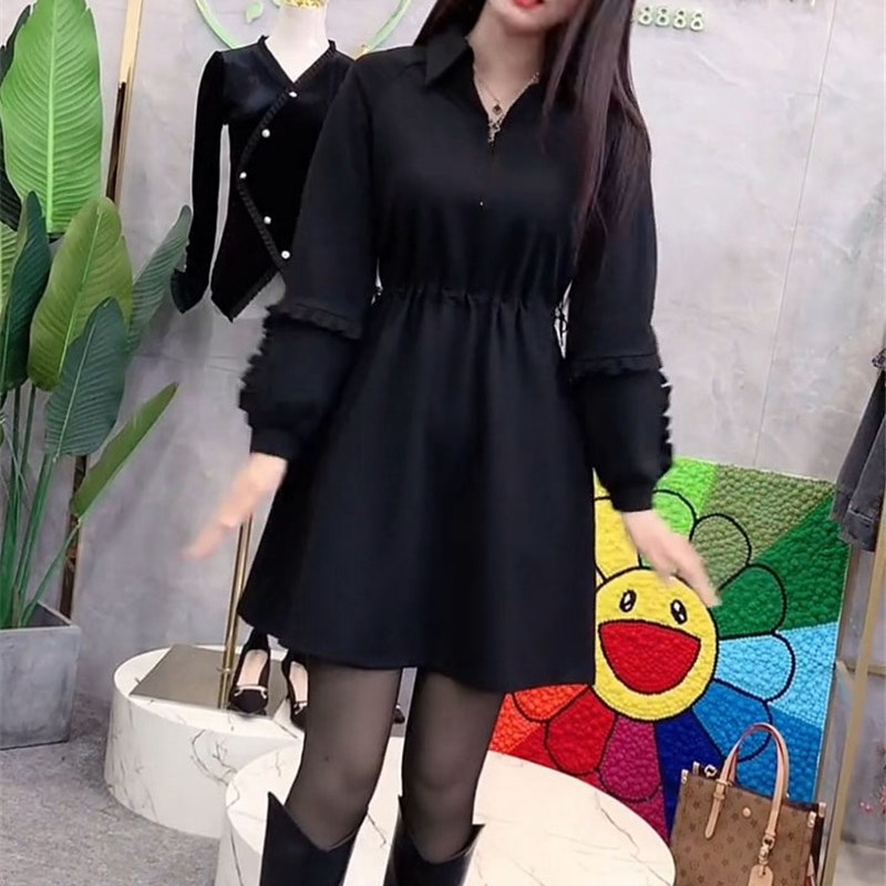 2022年早春新款洋装冬季打底裙中长版收腰宽松显瘦V女领衬衫裙