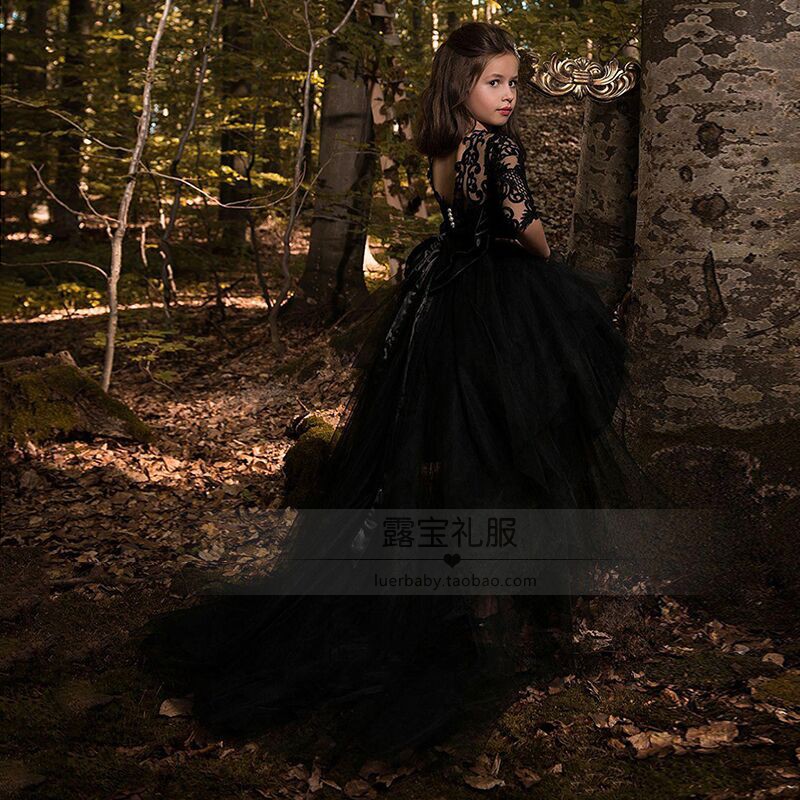 女童黑色晚礼服儿童模特T台走秀钢琴小提琴演出服主持人2018新款