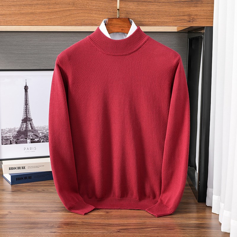 精纺纯棉半高领针织衫男士打底衫全棉线衣冬季宽松百搭潮流毛衣