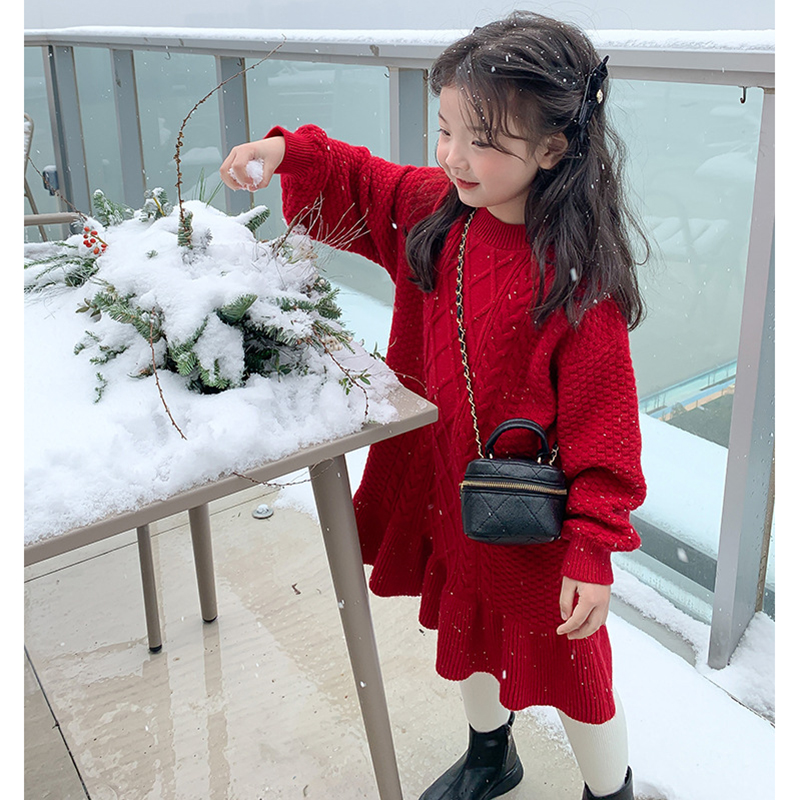 女童毛衣裙洋装儿童裙子冬季新款韩版麻花加厚红色小女孩针织裙