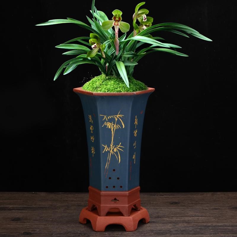 紫砂花盆精品手工兰花盆室内桌面高束腰六方刻绘带托盘中国风