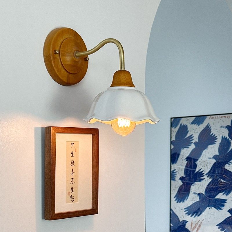 三灯一宅日式复古实木黄铜玻璃镜前灯卧室床头灯创意中古复古壁灯