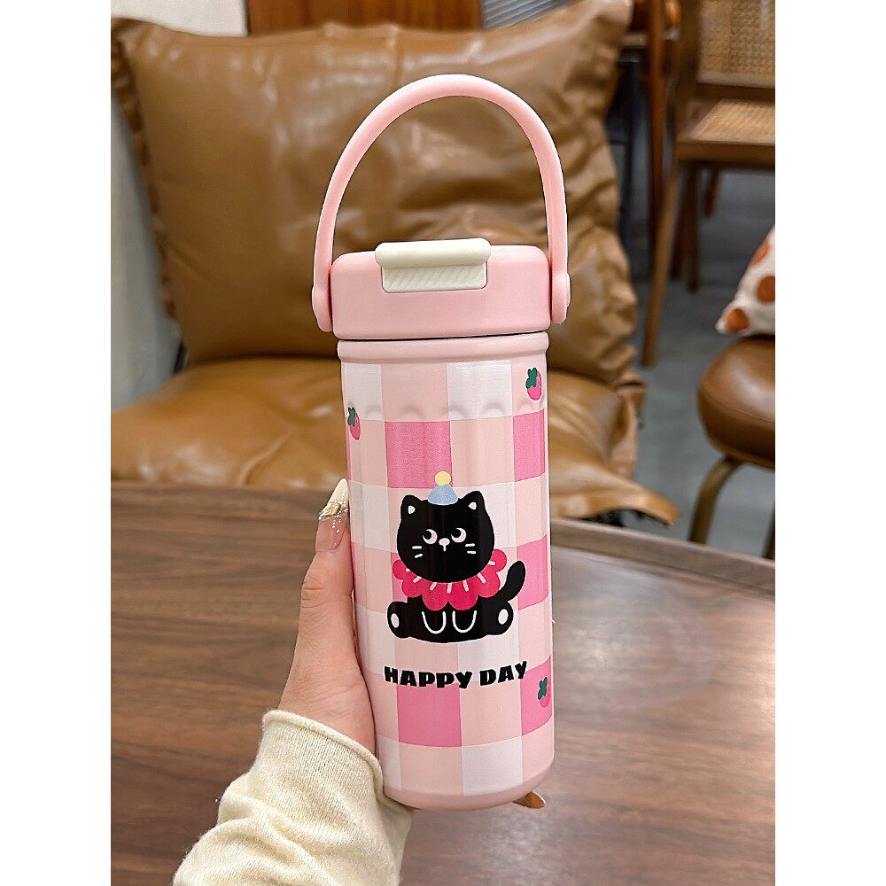 咖啡保温杯女生2024新款高颜值带吸管水杯小巧便携式办公室水杯子