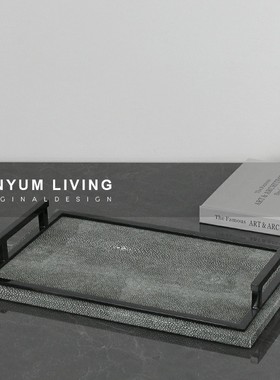北欧创意长方形墨绿皮革托盘金属把手软装饰品桌面收纳置物盘摆
