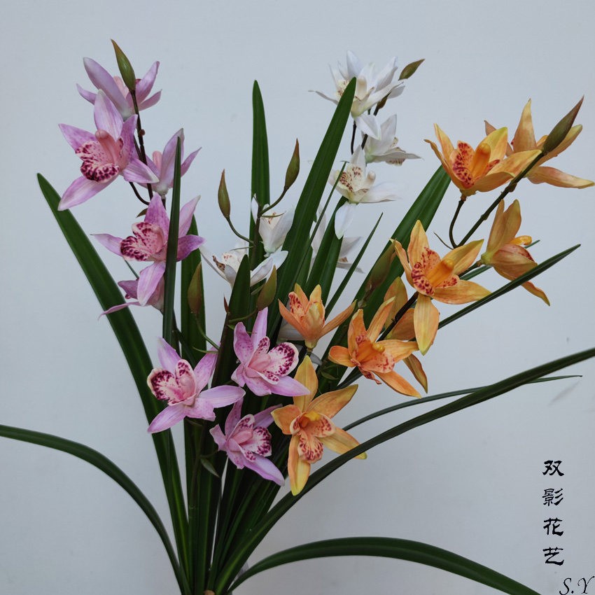 仿真蕙兰花 中式简约风格插花造景仿真花 2头带叶小蕙兰 兰花