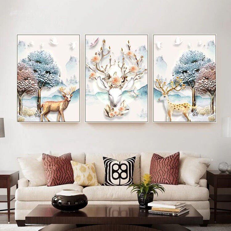 装饰画客厅现代简约沙发背景墙三联挂画晶瓷镶钻画卧室北欧发财鹿
