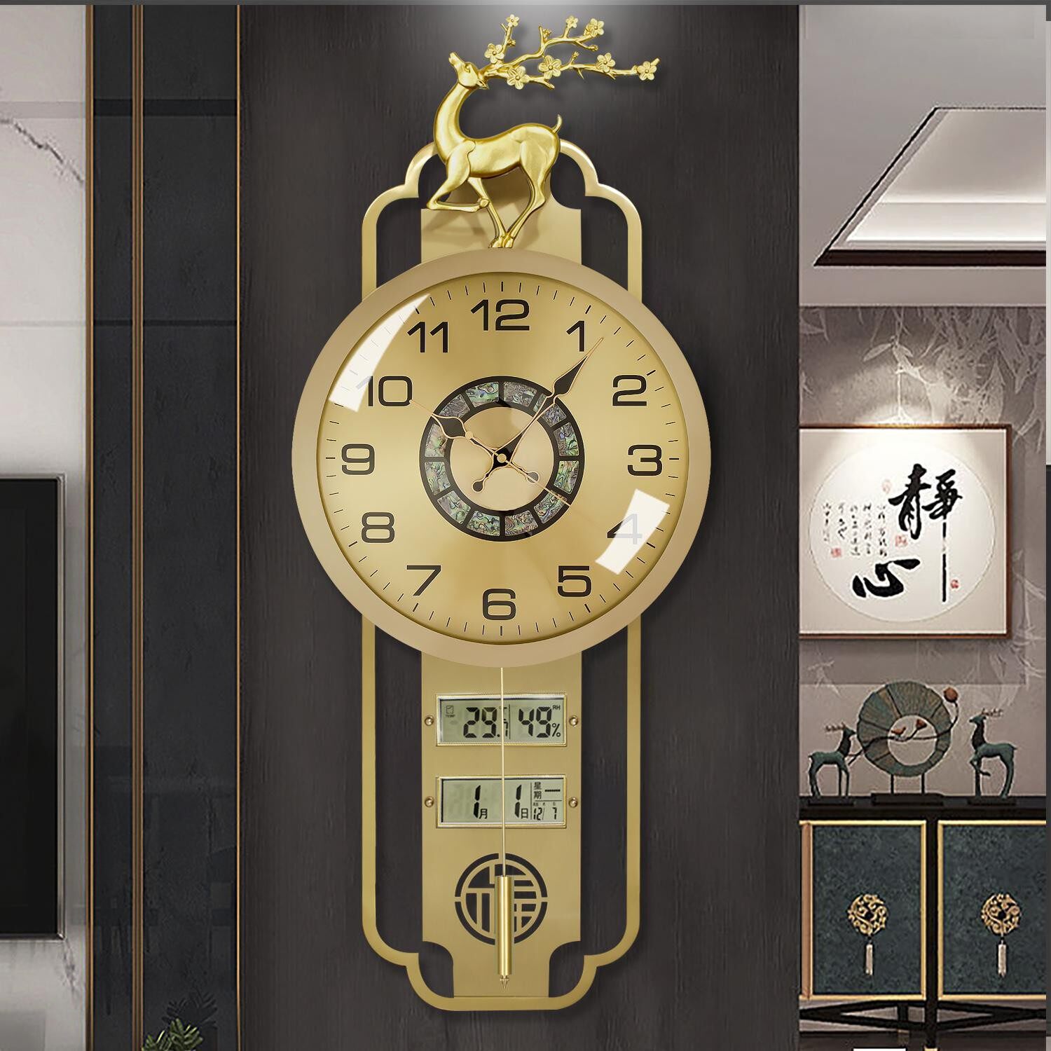 新款黄铜客厅家用静音挂钟进口机芯带万年历挂表电波钟高档石英钟