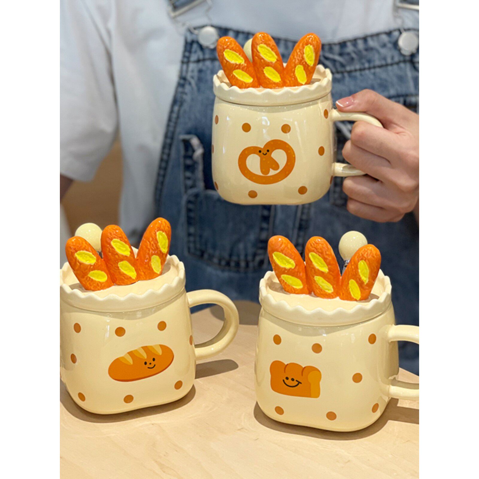 面包三兄弟女生小众陶瓷杯马克杯带盖勺子办公室水杯家用生日礼物