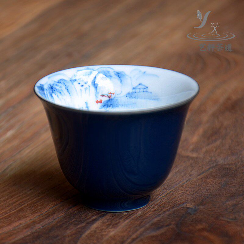 釉下彩手绘茶杯套装霁蓝功夫茶杯青花品茗杯主人杯陶瓷个人杯