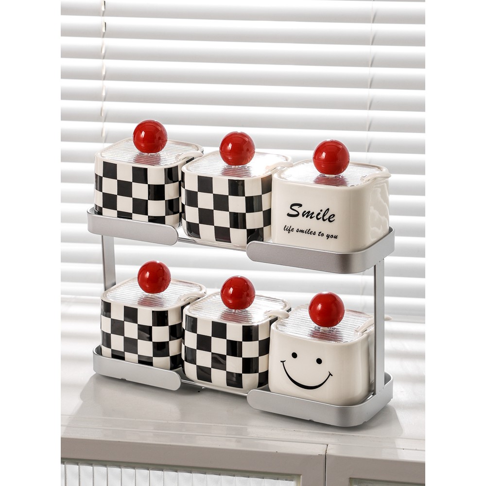 洋东窑 轻奢调料罐调料品收纳盒组合陶瓷调味罐棋盘格盐罐家用965