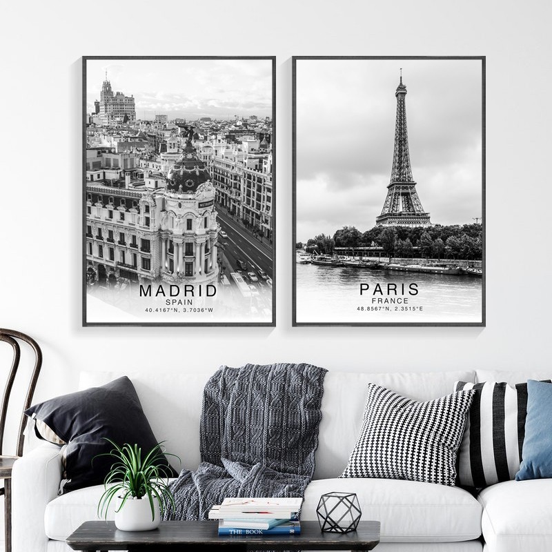 黑白建筑装饰画客厅沙发背景墙画巴黎马德里新西兰里斯本风景挂画
