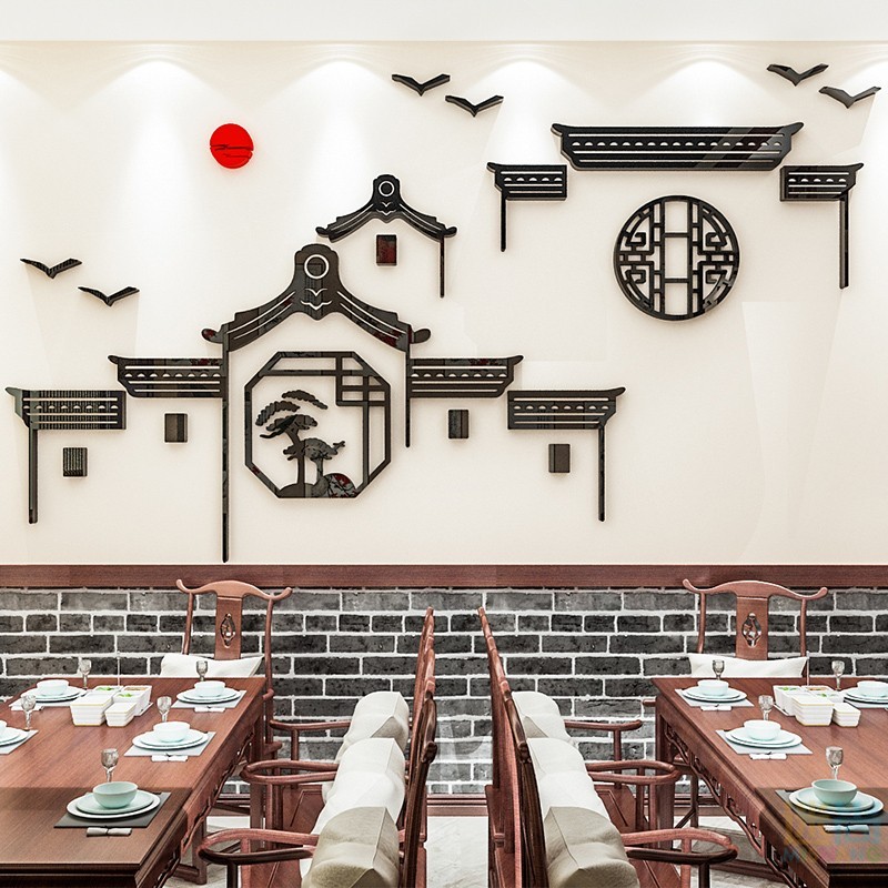 江南小镇水墨画饭店墙壁装饰徽派建筑快餐火锅店创意墙贴画