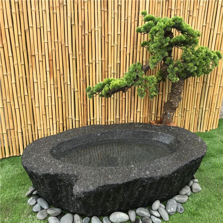 石钵枯山水造景石盆日式竹流水景观民宿庭院户外石槽水景水钵摆件
