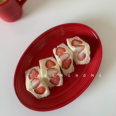 takemehome红色椭圆盘意面沙拉咖喱饭盘大号蒸鱼盘子新年好看喜庆