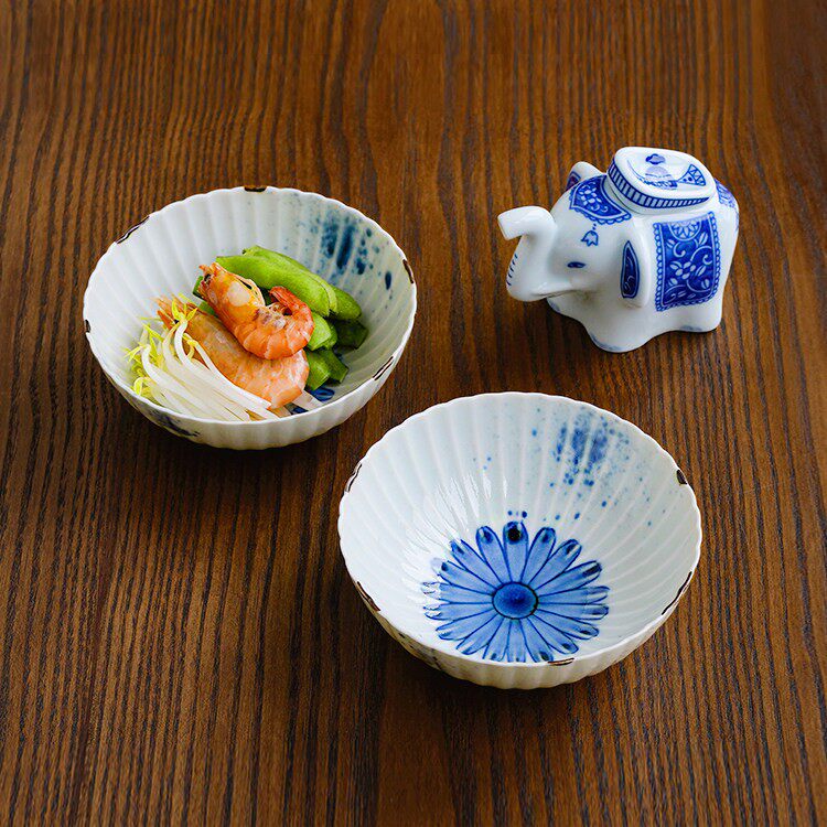 日本进口蓝青花雏菊手工陶瓷小鉢 调料壶 筷子 日式料理餐具饭碗