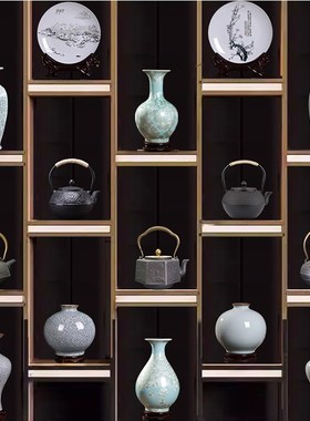 中式茶室摆件套装艺术品博古架茶柜茶壶茶道摆件装饰铁壶陶瓷花瓶